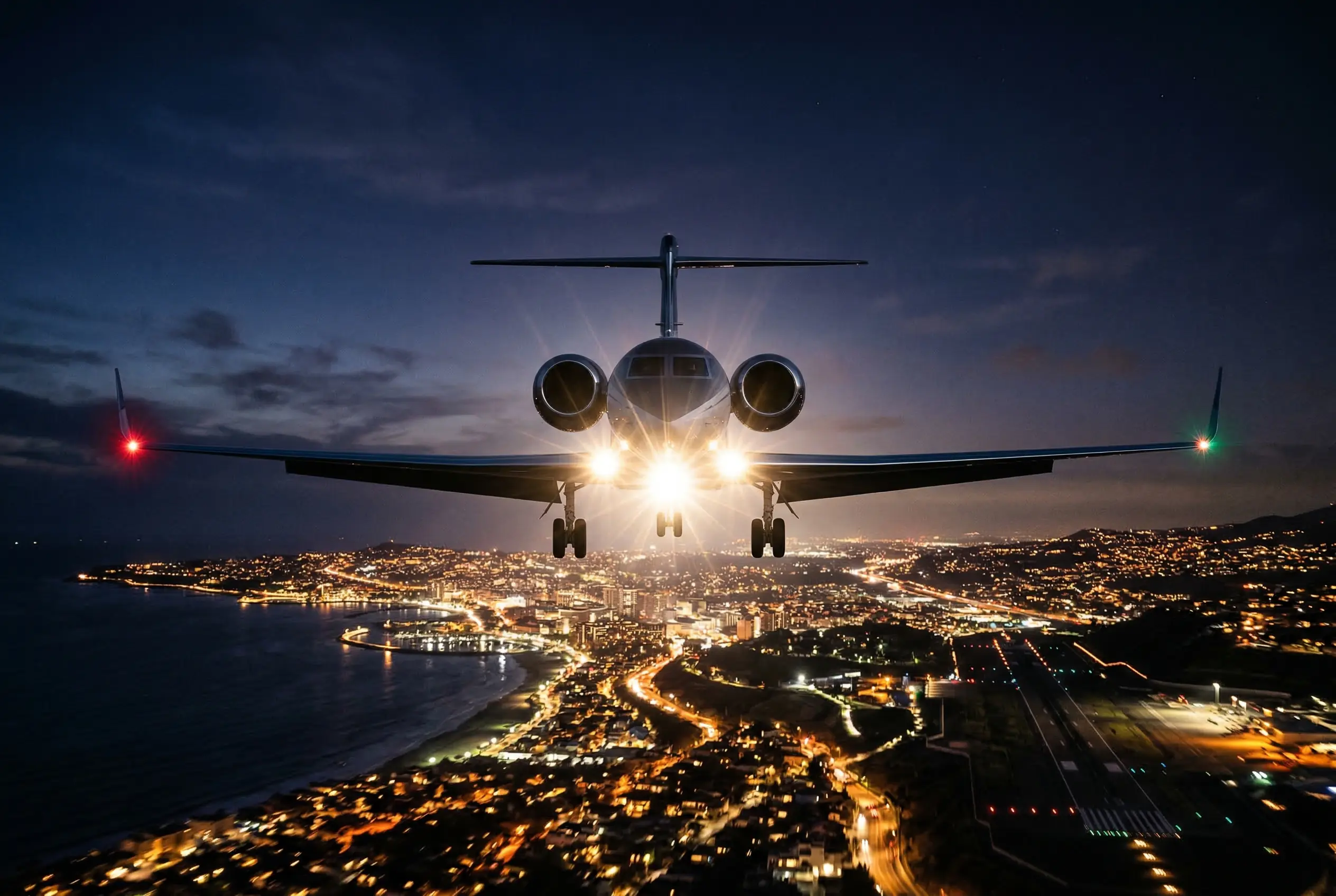Private jet flying over the Eastern Seaboard at night — city lights along the coastline during a New York to Miami flight